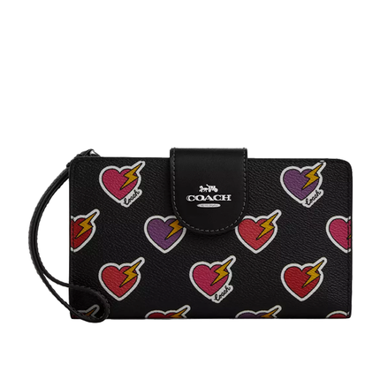 Coach Women's Phone Wallet With Heart Bolt Print Silver/Black Multi