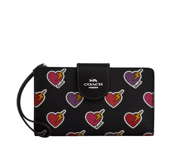 Coach Women's Phone Wallet With Heart Bolt Print Silver/Black Multi