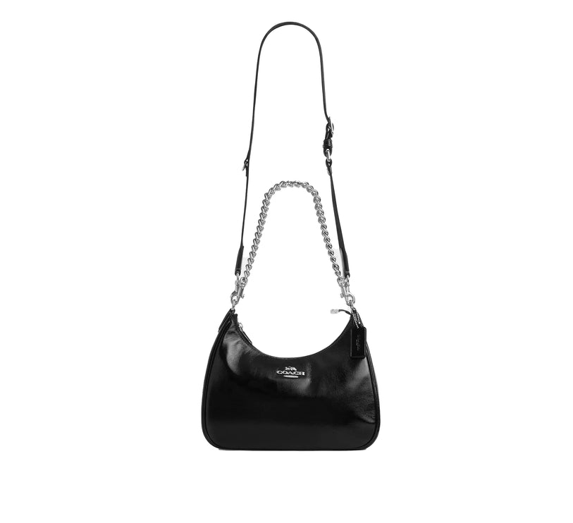 Coach Women's Teri Hobo Bag With Pouch Crinkle Leather Black/Silver