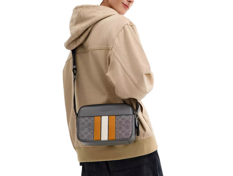 Coach Unisex Graham Crossbody Bag In Signature Canvas With Varsity Stripe Qb/Grey/Ochre/Chalk