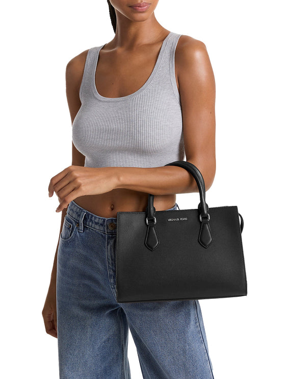 Michael Kors Women's Sheila Medium Faux Saffiano Leather Satchel Black Silver