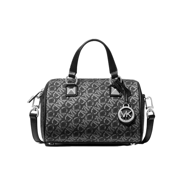 Michael Kors Women's Grayson Small Metallic Empire Monogram Duffel Crossbody Bag Black/Silver