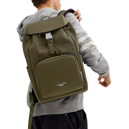 Coach Unisex Racer Backpack In Signature Jacquard Silver/Olive Drab/Olive Drab