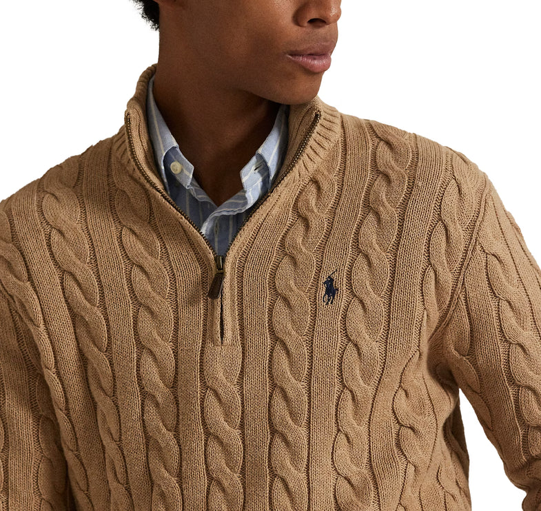 Polo Ralph Lauren Men's Cable-Knit Cotton Quarter-Zip Sweater Camel Melange