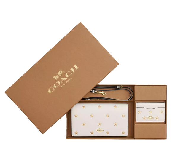 Coach Women's Boxed Anna Foldover Clutch Crossbody Bag And Card Case Set With Star Print Gold/Chalk Multi