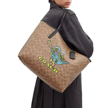 Coach Women's Cosmic Coach City Tote Bag In Signature Canvas With Rexy Print Novelty Leather/Gold/Tan Multi