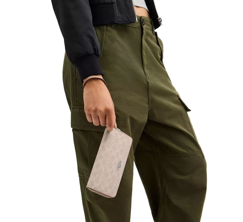 Coach Women's Long Zip Around Wallet With Detachable Card Case In Signature Canvas Silver/Sand/Taupe