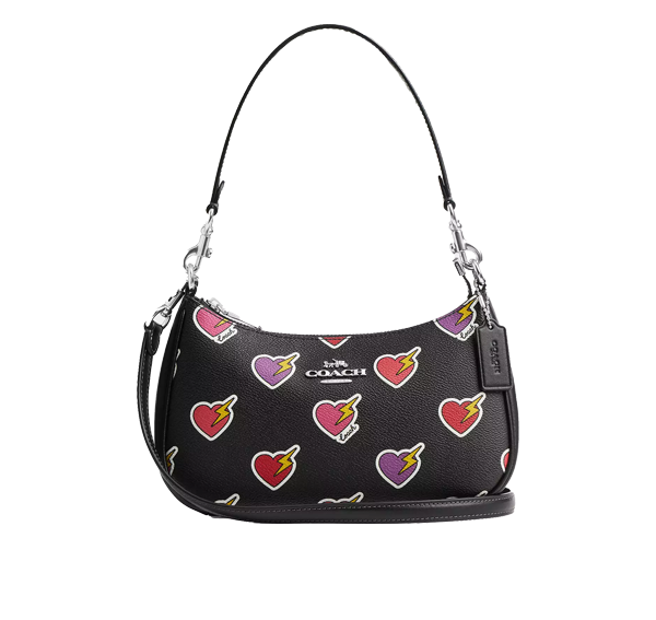 Coach Women's Teri Shoulder Bag With Heart Bolt Print Silver/Black Multi