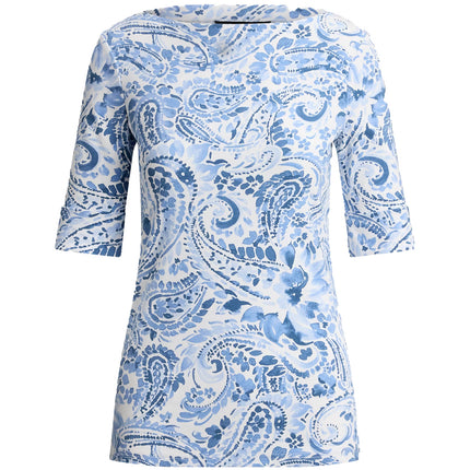 Polo Ralph Lauren Women's Paisley Stretch Cotton Boatneck Tee White/Blue