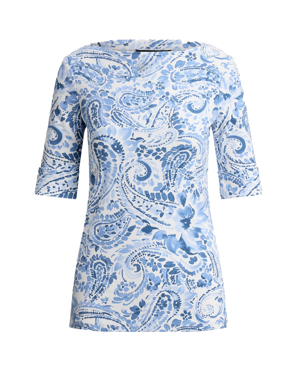 Polo Ralph Lauren Women's Paisley Stretch Cotton Boatneck Tee White/Blue