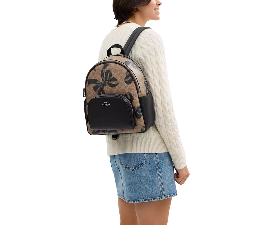 Coach Women's Court Backpack In Signature Canvas With Bow Print Silver/Tan/Black Multi