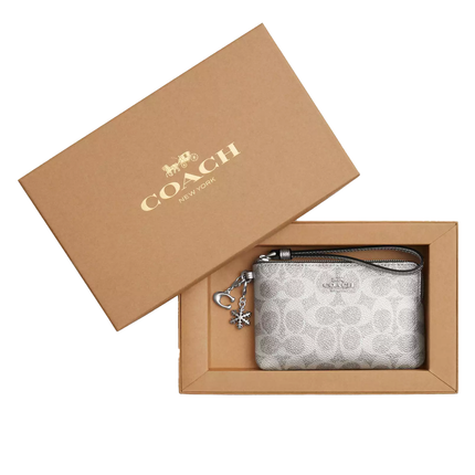 Coach Women's Boxed Corner Zip Wristlet In Signature Canvas With Charms Silver