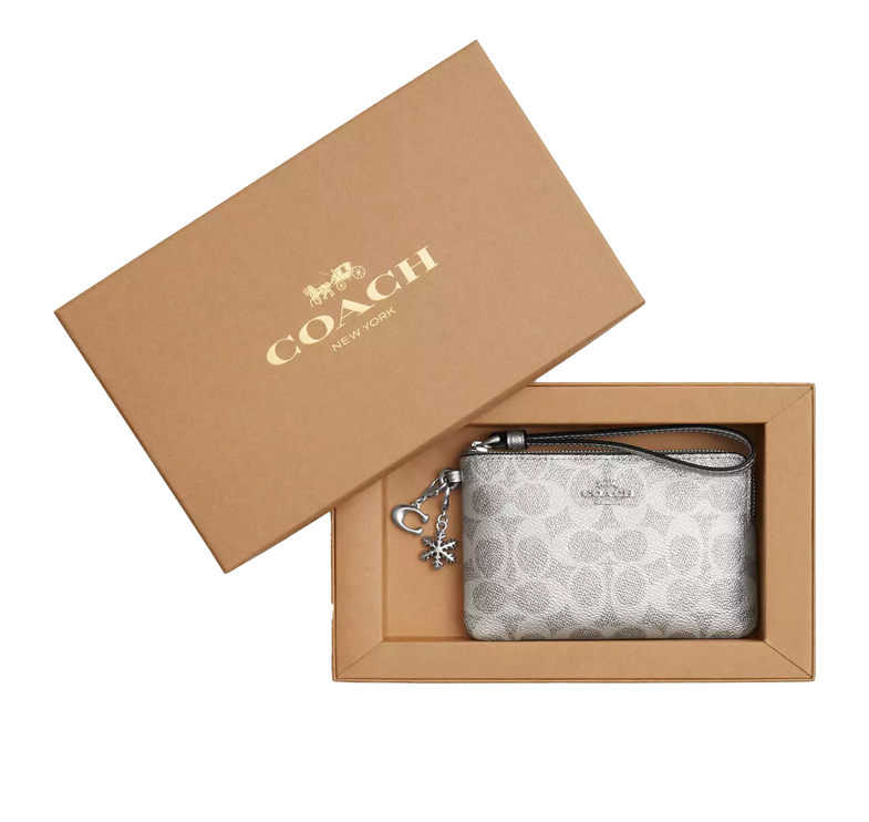 Coach Women's Boxed Corner Zip Wristlet In Signature Canvas With Charms Silver