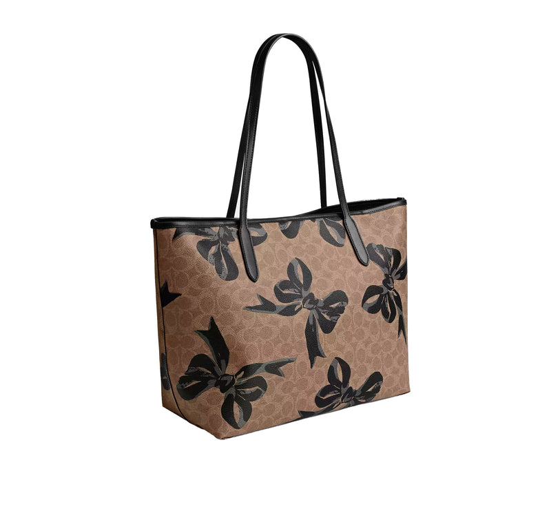 Coach Women's City Tote Bag In Signature Canvas With Bow Print Silver/Tan/Black Multi