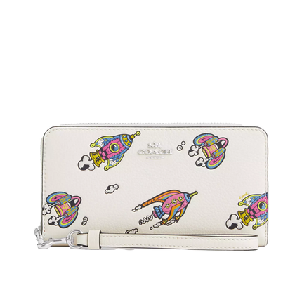 Coach Women's Cosmic Coach Long Zip Around Wallet With Rocket Print Novelty Leather/Silver/Chalk Multi