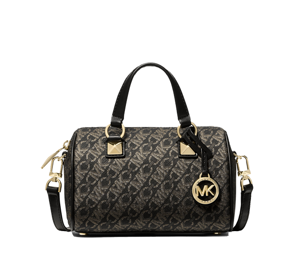 Michael Kors Women's Grayson Small Metallic Empire Monogram Duffel Crossbody Bag Black/Pale Gold