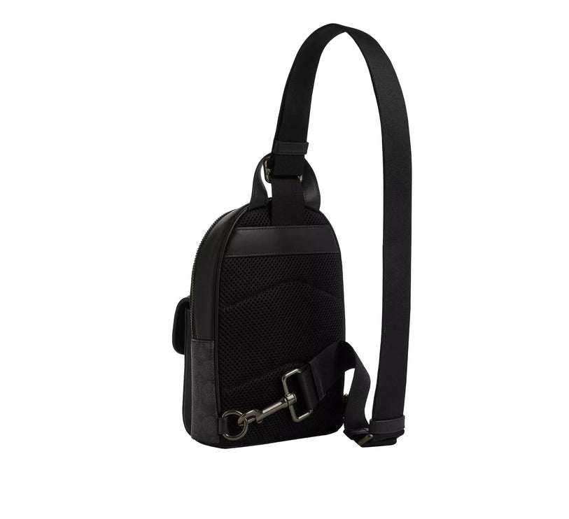 Coach Men's Small Turnlock Sling Pack In Signature Canvas Gunmetal/Charcoal/Black