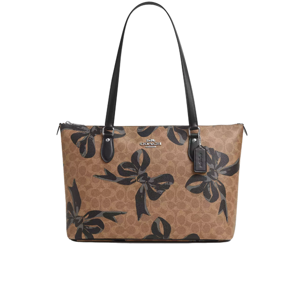 Coach Women's Gallery Tote Bag In Signature Canvas With Bow Print Silver/Tan/Black Multi