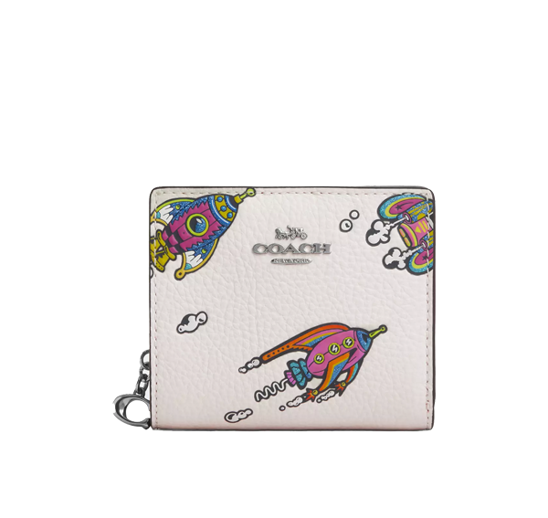 Coach Women's Cosmic Coach Snap Wallet With Rocket Print Novelty Leather/Silver/Chalk Multi