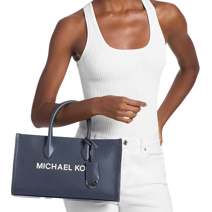 Michael Kors Women's Mirella Medium Pebbled Leather Satchel Bag Navy/Silver