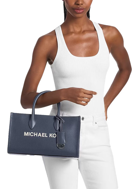 Michael Kors Women's Mirella Medium Pebbled Leather Satchel Bag Navy/Silver
