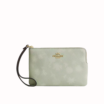 Coach Women's Corner Zip Wristlet With Floral Print Gold/Pale Green