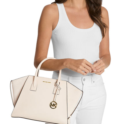 Michael Kors Women's Avril Large Leather and Suede Satchel Light Cream/Gold