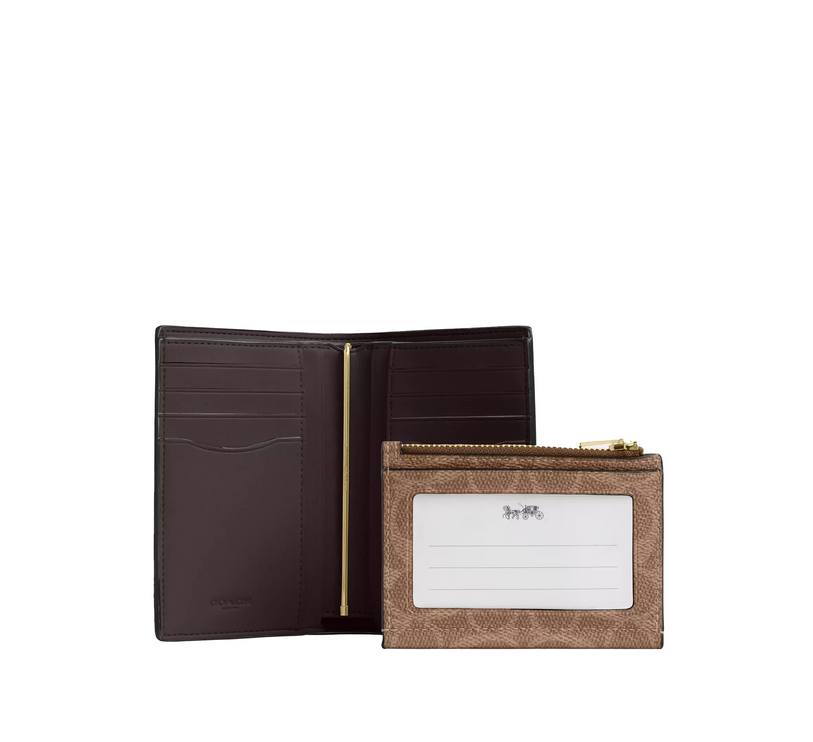 Coach Women's 2 In 1 Wallet In Blocked Signature Canvas Gold/Walnut/Tan