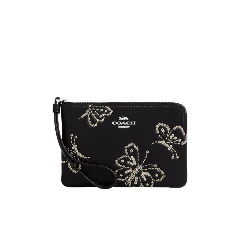 Coach Women's Corner Zip Wristlet With Sparkly Butterfly Print Black/Silver