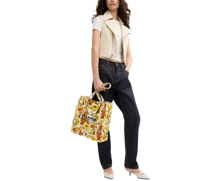 Coach Women's Canvas Tote Bag With Floral Print Gold/Vanilla Sunflower