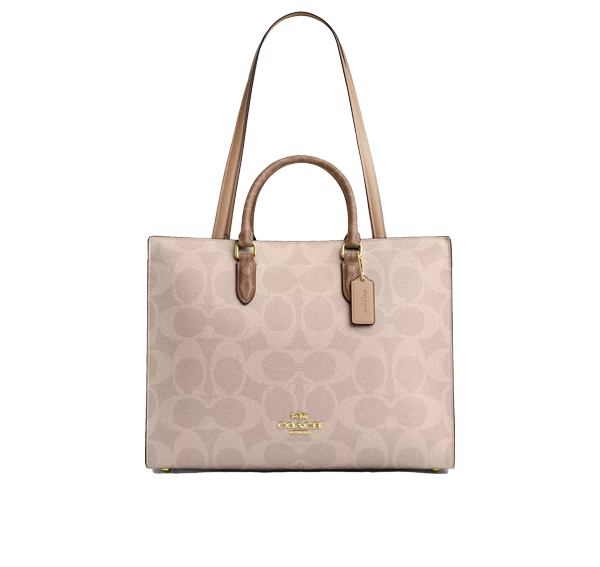 Coach Women's Maggie Tote Bag In Blocked Signature Canvas Gold/Sand/Tan