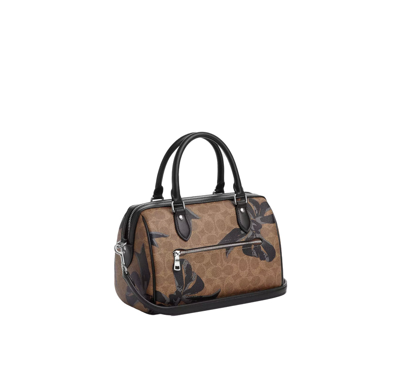 Coach Women's Rowan Satchel Bag In Signature Canvas With Bow Print Silver/Tan/Black Multi