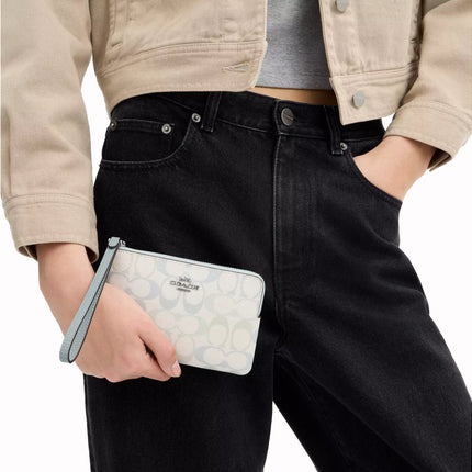 Coach Women's Corner Zip Wristlet In Pretty Signature Canvas Silver/Chalk/Blue