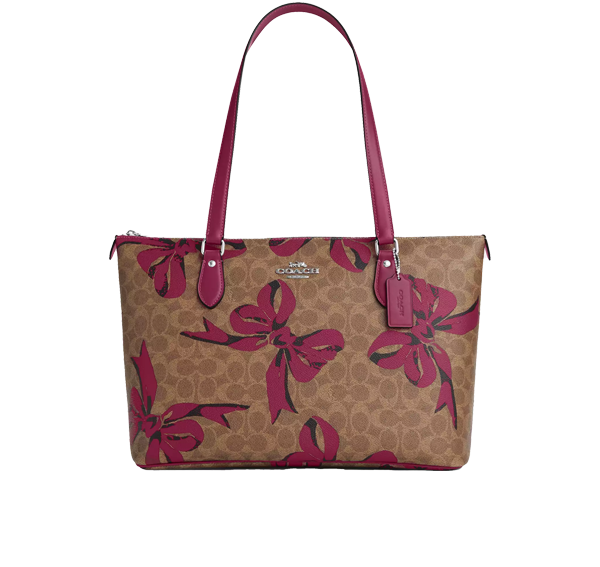 Coach Women's Gallery Tote Bag In Signature Canvas With Bow Print Silver/Tan/Pink Multi