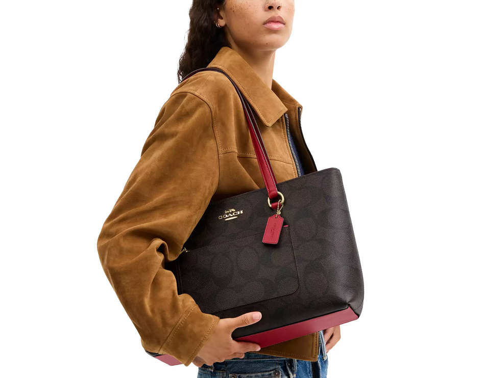 Coach Women's Station Tote Bag In Maxi Signature Canvas Im/Walnut/True Red