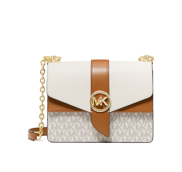 Michael Kors Women's Greenwich Small Color-Block Logo and Saffiano Leather Crossbody Bag Vanilla/Acorn