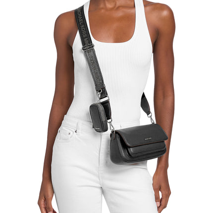 Michael Kors Women's Jet Set Travel Small Pebbled Leather Crossbody Bag With Pouch Black/Silver