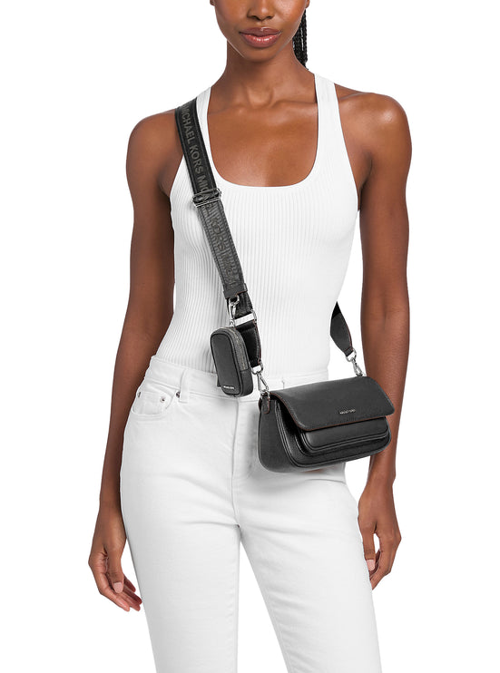 Michael Kors Women's Jet Set Travel Small Pebbled Leather Crossbody Bag With Pouch Black/Silver