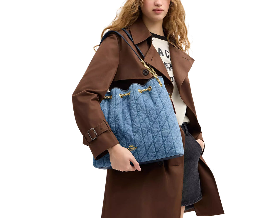 Coach Women's Evelyn Large Shoulder Bag In Regenerative Cotton With Quilting Gold/Indigo