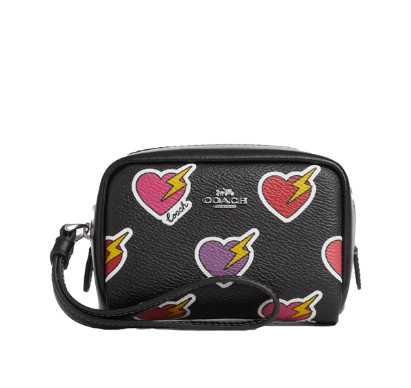 Coach Women's Pouch Wristlet With Heart Bolt Print Silver/Black Multi