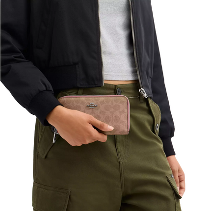 Coach Women's Long Zip Around Wallet With Detachable Card Case In Signature Canvas Silver/Tan/Dusty Pink