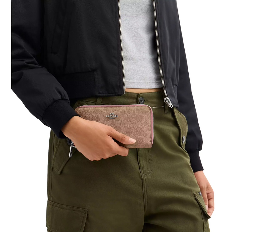 Coach Women's Long Zip Around Wallet With Detachable Card Case In Signature Canvas Silver/Tan/Dusty Pink