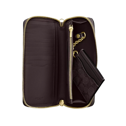 Coach Women's Long Zip Around Wallet With Detachable Card Case In Signature Canvas Gold/Walnut/Black