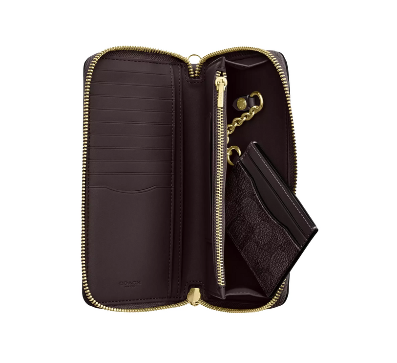 Coach Women's Long Zip Around Wallet With Detachable Card Case In Signature Canvas Gold/Walnut/Black