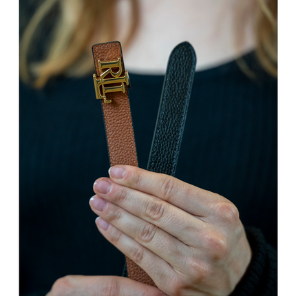 Polo Ralph Lauren Women's Logo Reversible Leather Skinny Belt Black/Lauren Tan/Gold