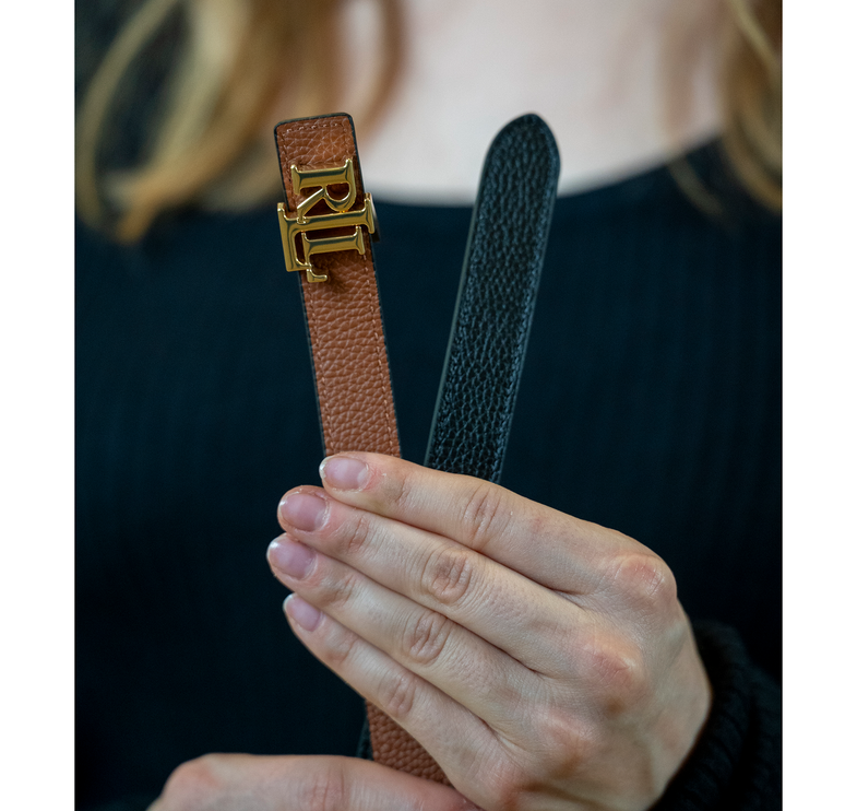 Polo Ralph Lauren Women's Logo Reversible Leather Skinny Belt Black/Lauren Tan/Gold