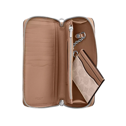 Coach Women's Long Zip Around Wallet With Detachable Card Case In Signature Canvas Silver/Sand/Taupe