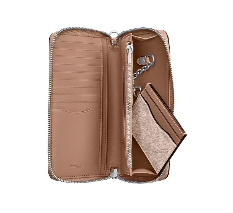 Coach Women's Long Zip Around Wallet With Detachable Card Case In Signature Canvas Silver/Sand/Taupe