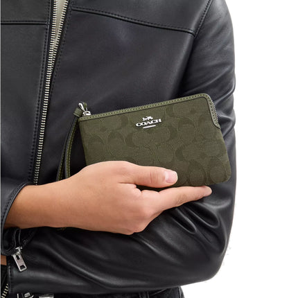 Coach Women's Corner Zip Wristlet In Signature Jacquard Silver/Olive Drab