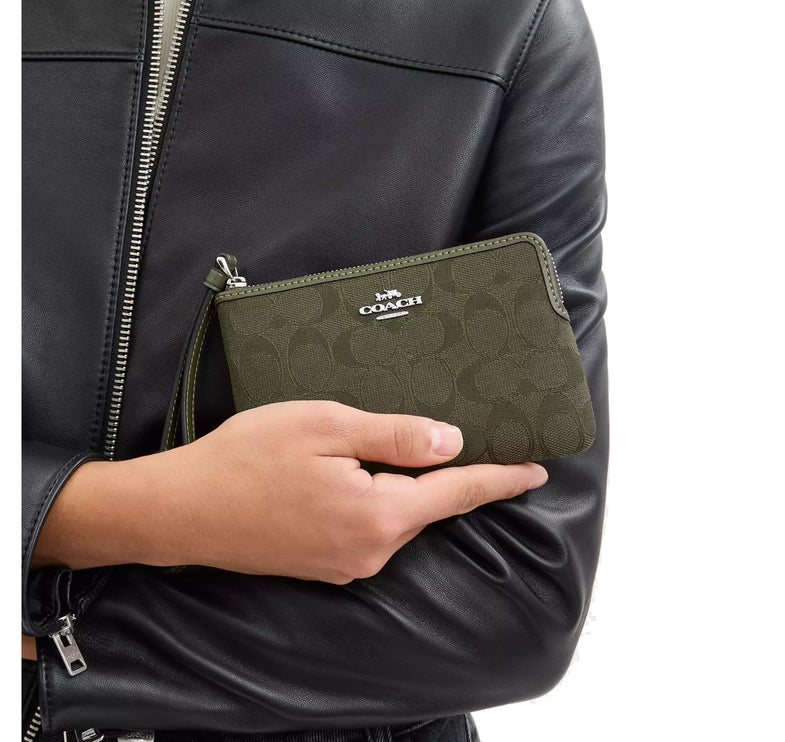 Coach Women's Corner Zip Wristlet In Signature Jacquard Silver/Olive Drab